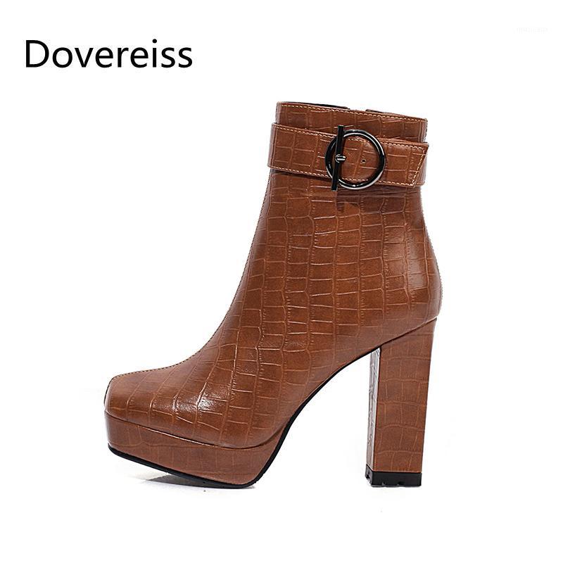 

Dovereiss Fashion Women's Shoes Winter Square toe Pure color brown Platform Buckle Block heels Zipper Sexy Short boots 33-431, Black