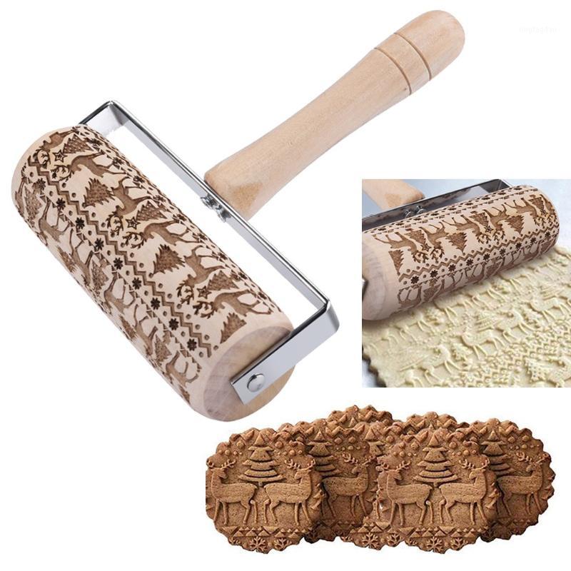 

20#Christmas Rolling Pins Rock Snowflake Elk Wooden Rolling Embossing Baking Cookies Biscuit Fondant Cake Patterned Roller1