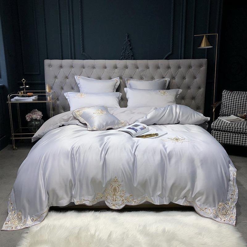 

Soft Europe Solid Embroidered High-grade Duvet Cover White Ginger Bed Sheet for Sleep Flat Fitted Bed Set Queen King Bedding Set, Veemi 05