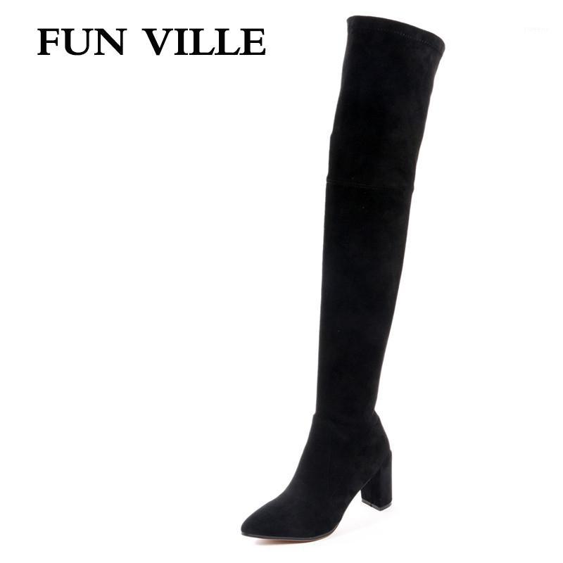 

FUN VILLE 2020 New Fashion Autumn Women Over the knee Boots Stretch fabric High Quality Solid Pointed toe slip-on size 34-421, Black