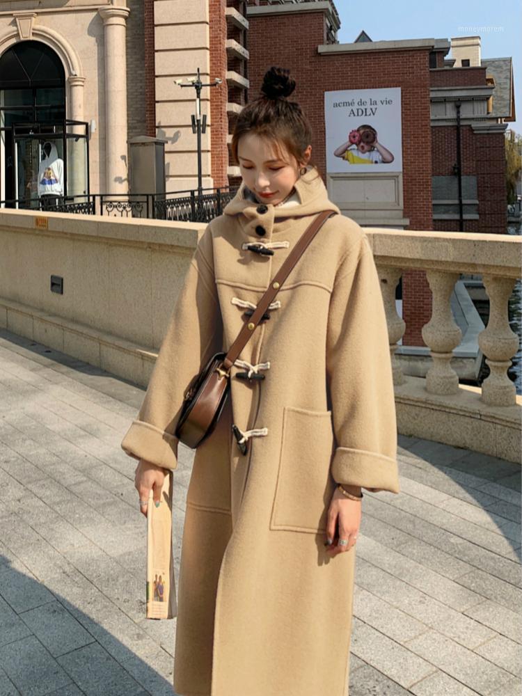 

2020 Winter Long Woolen Coat Casual Fashion Horn Button Korean Jacket Thick Warm High-quality Wool Blended Camel Women Coats1