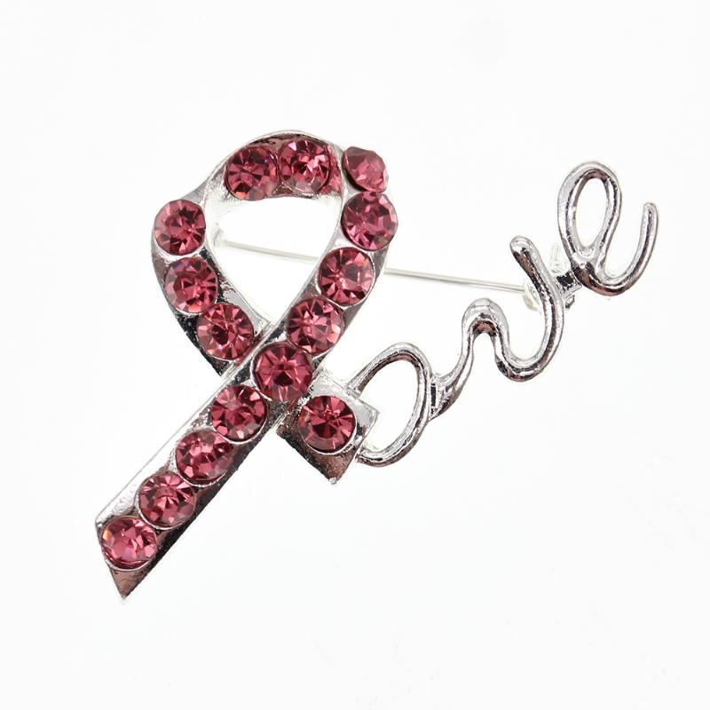 

50mm Breast Cancer Awareness Rhinestone Pink Ribbon LOVE Brooch Pin AIDS Day for Gift