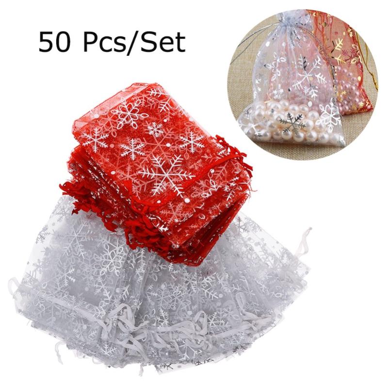 

50 Pcs/Set Snowflake Pattern Organza Bags Christmas Gift Candy Wedding Favour Pouch Festive Party Gift Bags #257131