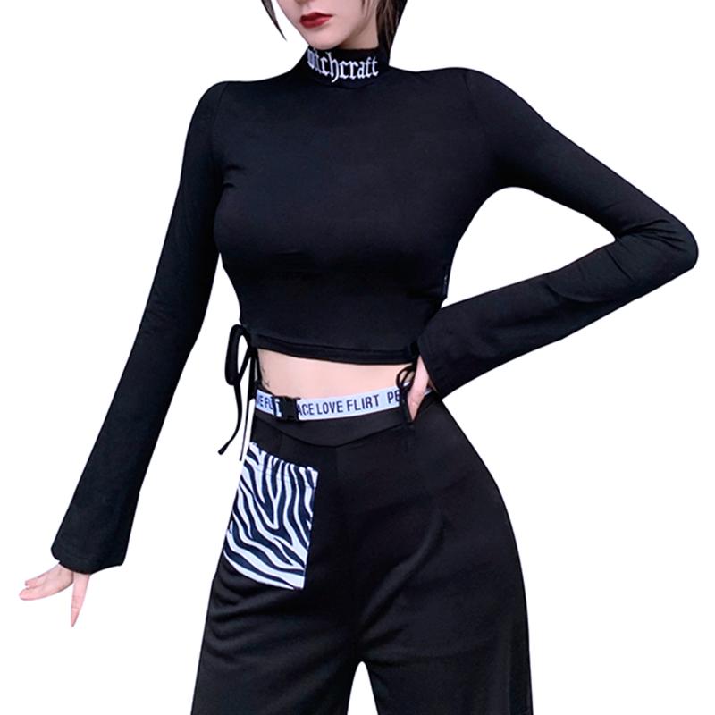 

Women Sexy Letter Embroidered T-shirt Adults Flare Sleeve High Collar Lace UP Crop Top Slim Fit Tops Party Streetwear Black