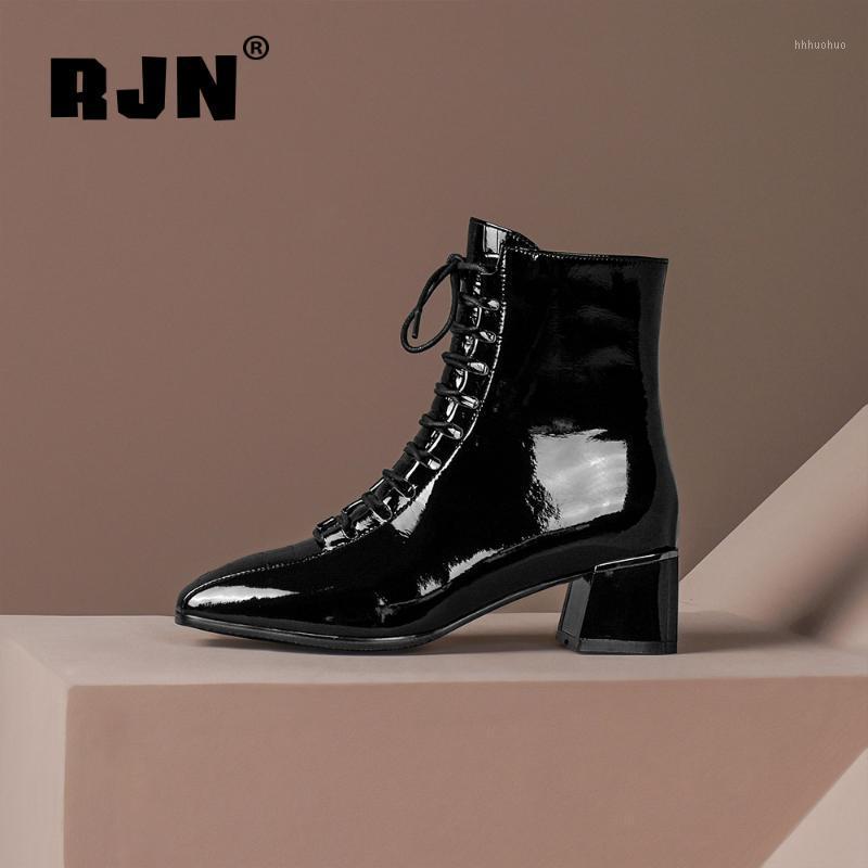 

RJN Women's Ankle Boots Lace Up Square Toe Patent Leather Genuine Leather High Quality Black Warm Winter Women's Shoes RO4501