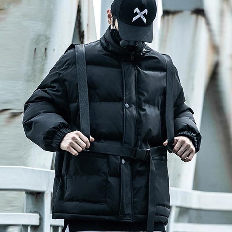 

Winter Tactical Function Ribbons Cargo Parkas Mens Hip Hop Streetwear Padded Jackets Windbreaker Coats, Black