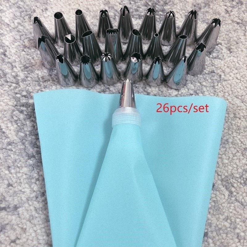 

26pcs/set Stainless Pastry Bag &Nozzle DIY Cake Tool Reusable Baking Kitchen Tool 24 Nozzle+1 Rotary Union+ 1 Bag