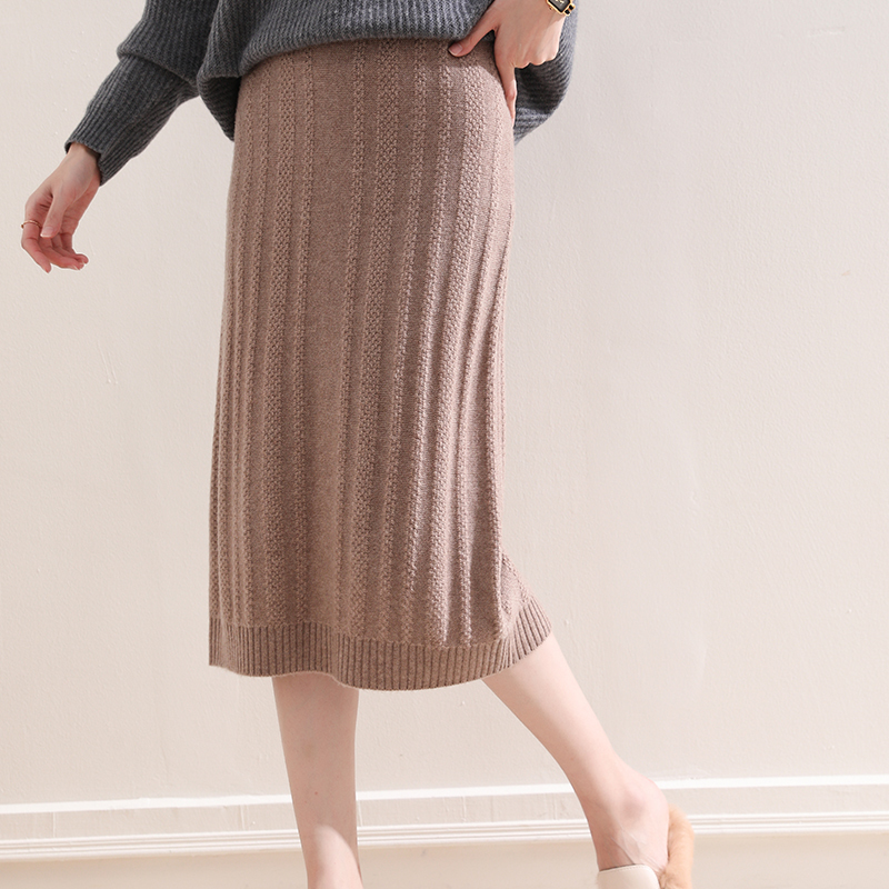 

Women's skirt 100% Pure wool knitted or crocheted winter fall elastic waist high mid-calf skirts free freight, Kaki