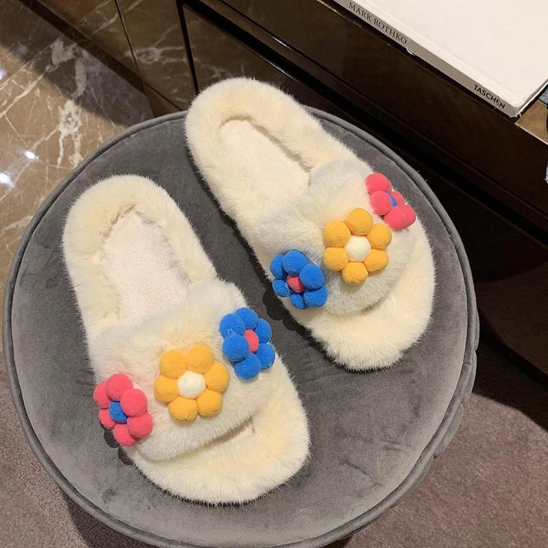 

Woman Lovely flower fur slippers flip flops 36-40 cozy winter plush shoes women student cuter floral furry slides pantuflas 20201, Beige
