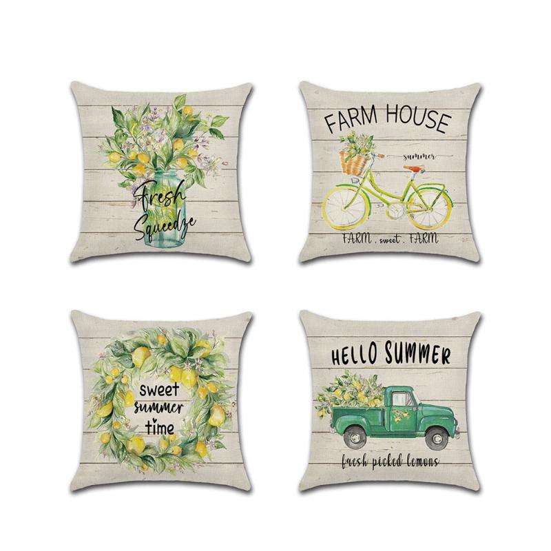 

Cushion/Decorative Pillow Retro Summer Theme Linen Cushion Cover Flower Case Decorative Cute Car Pattern Pillowcase 45*45cm, Summer-4