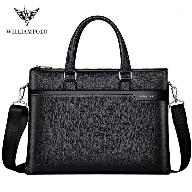 

WilliamPolo Men's Briefcase Messenger Bags Genuine Leather 13'' Laptop Bag Men's Briefcases Office Business Tote For Document1, Black
