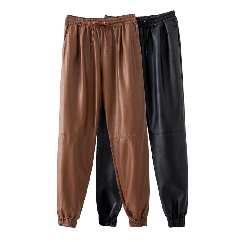 

Sportswear Faux Leather New Autumn Winter Women High Cross Pants Lady PU Loose Elastic Trousers Pocket Waist Black Coffee, Black 01