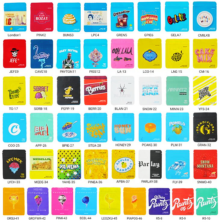 

3.5 mylar edible bag C cookie flower wed cherry pie lemon nade insane gary payton gelatti runtz fly snow man california with holographic stickers blue yellow custom