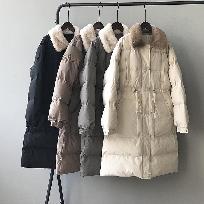 

2020 Winter New Down Cotton Coat Women's Fur Collar Waist Draw Rope Long Warm Cotton Jackets 1981, Black