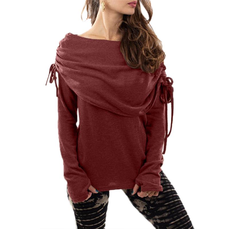 

Solid Color Women Tshirt Autumn Full Sleeve Slash Neck Casual Soft Top Underwear Hot Slim Ladies Clothing Tees Lace Up, Gray