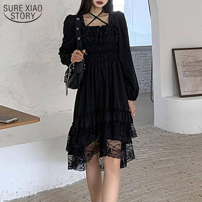 

Casual Dresses Black Party Dress Women Irregular Japan Style Kawaii Gothic Female Lace Ruffles Puff Sleeve 2022 Summer 13244, Black;gray
