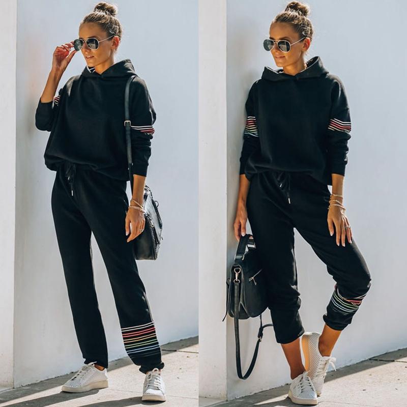 

Fashion Autumn Winter Women' 2 Piece Set Hooded Sweatshirt Suit Casual Suit, Black