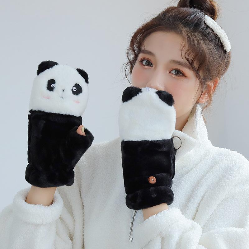 

Panda Half Finger Flip Gloves Women Winter Furry Thickening Heating Fingerless Glove Driving Warm Cold Protection Gloves Mittens
