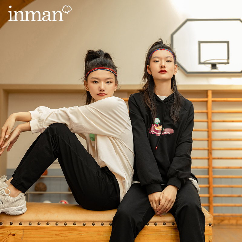 INMAN Autumn Winter New Arrival Casual Printing Hooded Long-sleeved Sweater Trousers Assembled Hat Rope Rope Two-piece Suit 201120Z
