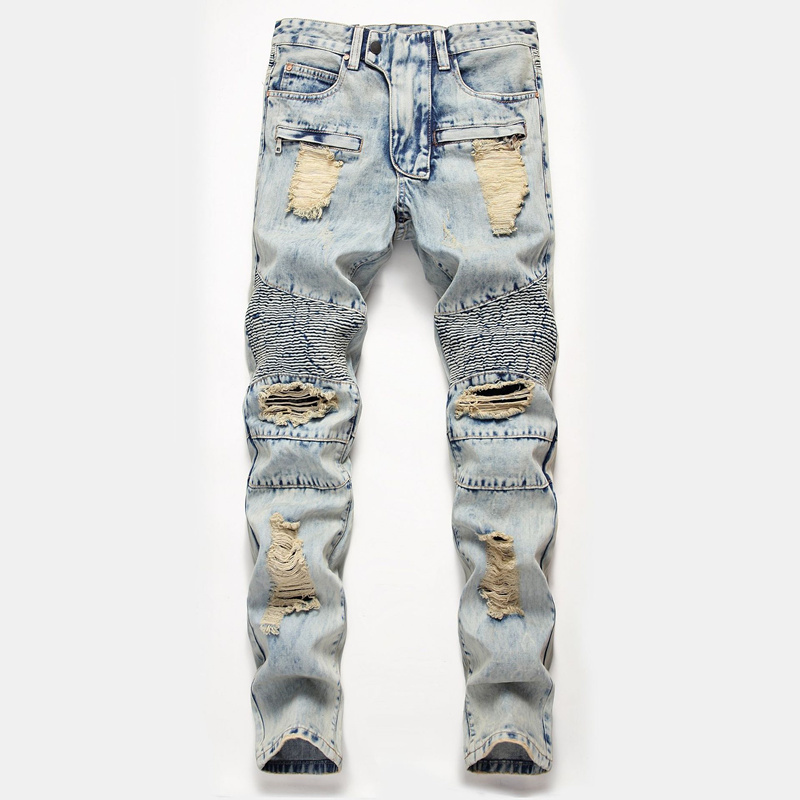 

Men's breeches jean thin fitting motorcycle vintage streetwear torn jeans 2020 denim pants S2SA, Picture color