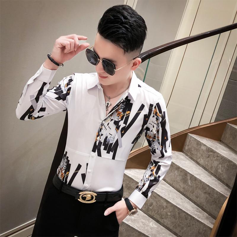 

Gzdeerax All Printed Mens Shirts High Quality Long Sleeve Spring Mens Dress Shirts Fashion Slim Fit Party Male 3XL, White