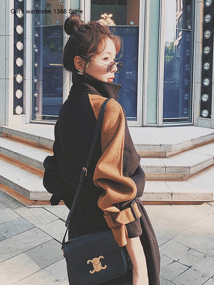 

Small Hepburn tweed coat women's middle and long 2020 new Korean loose color contrast stitching woolen coat, Coffee