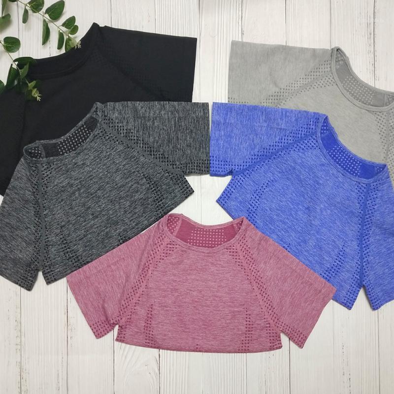

Solid Color Seamless Yoga Shirt Women Fitness Short Sleeve Crop Top Workout Tops Gym Clothes Sportswear Running T-shirts XN1, Black