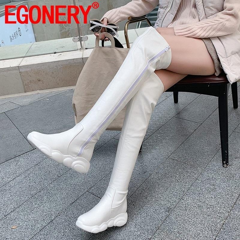 

EGONERY winter new fashion knee high boots outside comfortable mid heels platform zipper women shoes drop shipping size 32-451, Black
