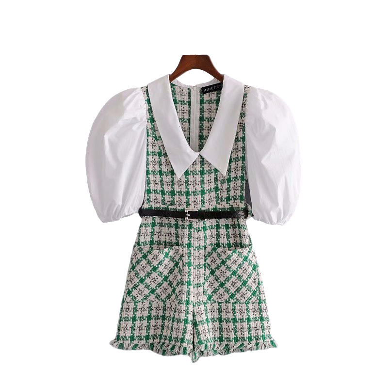 

2021 New Elegant Women Tweed Fashion Ladies Green Plaid Rompers Streetwear Female Sweet Pocket Playsuit Girls Chic Romper Wu77