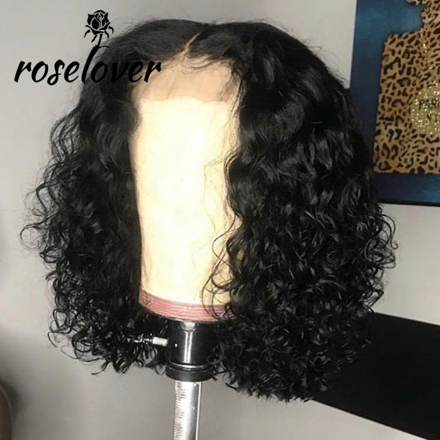 

150% 4*4 Lace Closure Human Hair Wigs Pre Plucked with Baby Hair Middle Part Curly Lace Closure Wig Peruvian Remy Short Bob Wigs, Natural color