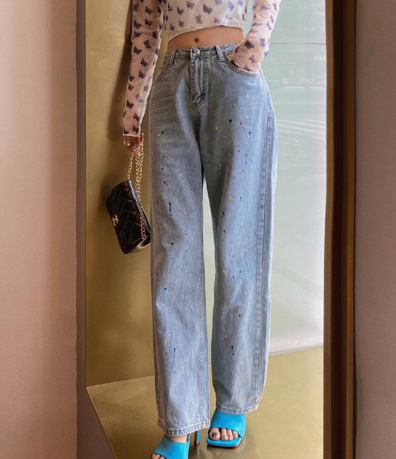 

Denim Jeans Vintage Painted Pants Women Sexy Korean Straight Long High Waist Jeans Woman Casual 2020 Streetwear PDG1929, Blue