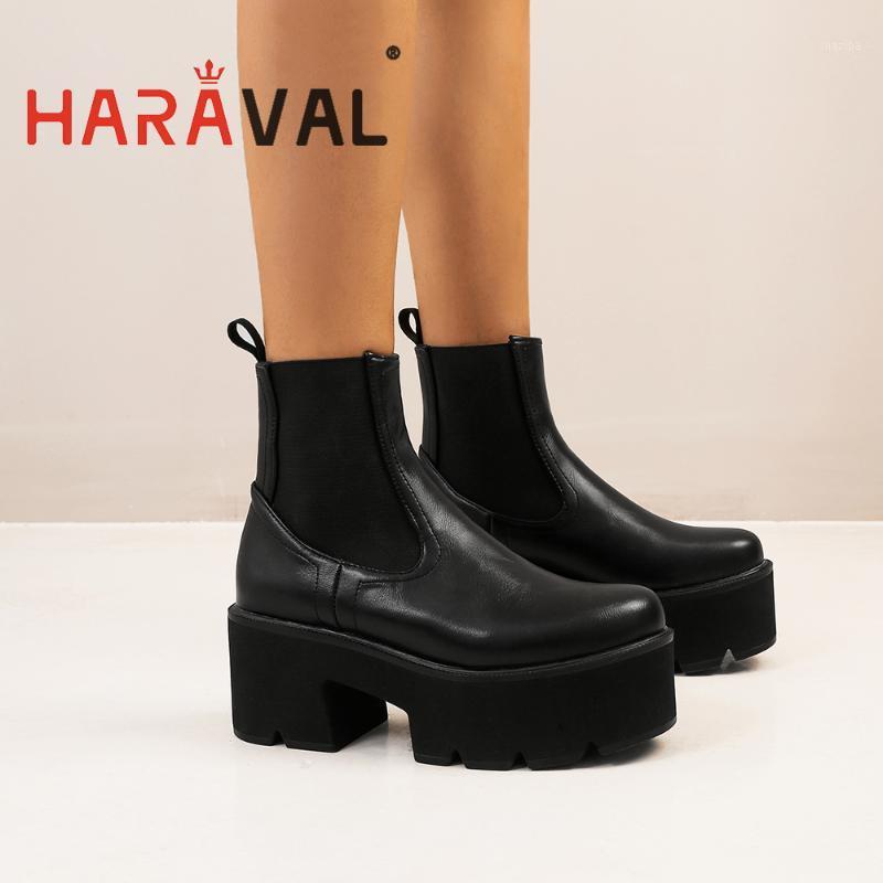 

HARAVAL Women Pu Waterproof Platform Boots 7cm Thick Bottom Solid Slip-On Lady Shoes Plus Size Y2K Fashion Footwear Girl E111L1, Black