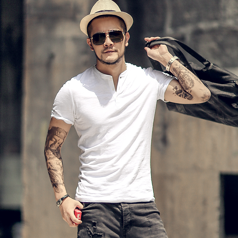 

2021 The New Bamboo Cotton From Short-sleeve Men Summer Henry Collar Casual Metrosexual Thin Male New Top T-style European T364 4vza, Cement grey