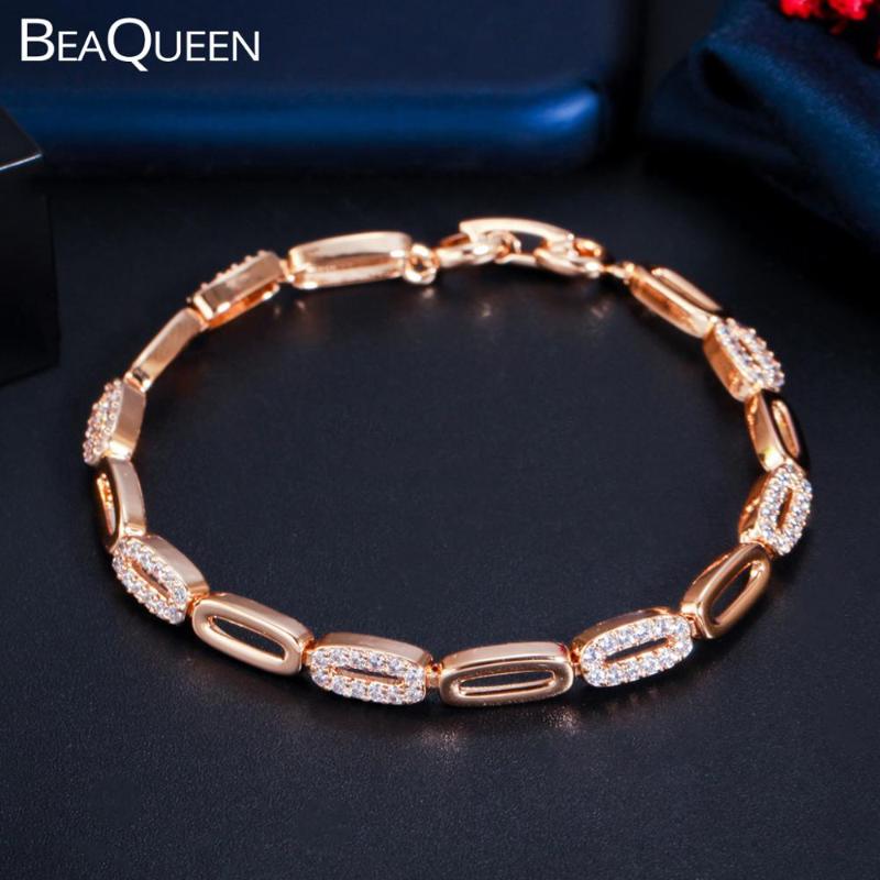 

BeaQueen Newest Hollow Out Oval Shape Champagne Gold Color Cubic Zirconia Paved Link Chain Bracelet Party Jewelry for Women B208