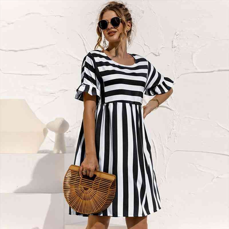 

Summer Women Dresses Cute Loose Striped Print Ruffles Sleeves Dresses Elegant A Line Patchwork Beach Party Dress Female Vestidos, Black;gray