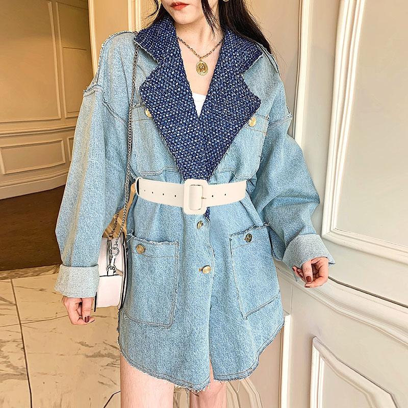

Spring and Autumn New Loose All Match Medium Length Color Contrast Full Suit Woman Jacket, Coat with white belt