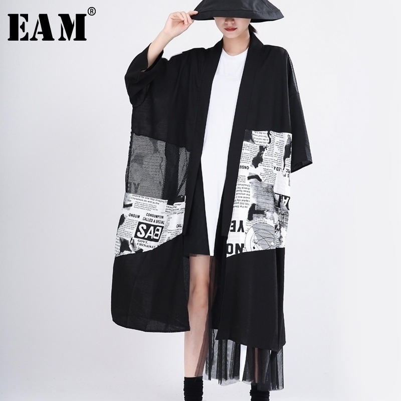 

[EAM] Women Blakck Mesh Pattern Printed Big Size Trench New V-collar Long Sleeve Loose Fit Windbreaker Fashion Spring 2020 1T056 201124, Black