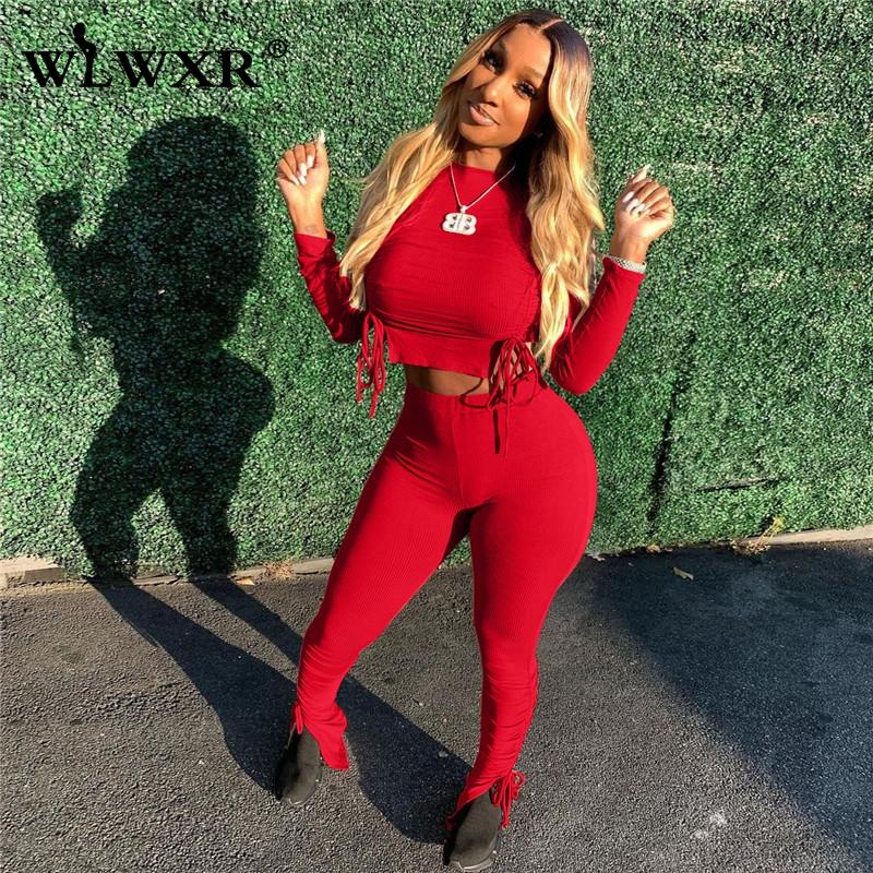 

Women' Tracksuits WLWXR Lace Up Long Sleeve Crop Top Women Matching Set High Waist Stacked Pants 2 Two Piece Stes For Outfites Fall 2021, Red