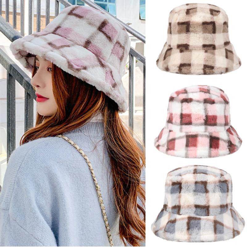 

1PC New Hot Fashion Women Winter Bucket Hat Faux Fur Thickened Soft Warm Fisherman Cap Lattice Hat Outdoor Cloche Hats, Blue