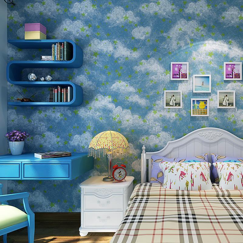 

Children's Room Blue Sky Wallpaper Luminous Star Girl Bedroom Ceiling Study Non-woven Wallpaper for Children Bedroom Decoration1, Deep blue