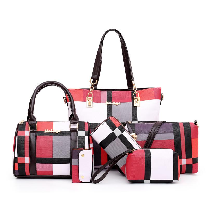 

Luxury Handbags 2020 New 6 PCS Set Women Plaid Colors Handbag Female Shoulder Bag Travel Shopping Ladies Crossbody Bag, Coffee