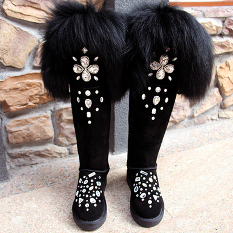 

Bling Hot That Strass Big Hair Fox Women Snow of Ladies Winter Furry on the Knee Crystal Gem Shoes Boots 4lha, Flat.