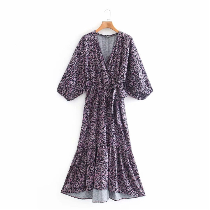 

2021 New Floral Print Women Summer Short Puff Sleeve V-neck Ruffle Midi Dress Woman Tied Belt Irregular Hem Casual Dresses 424c, Plaid