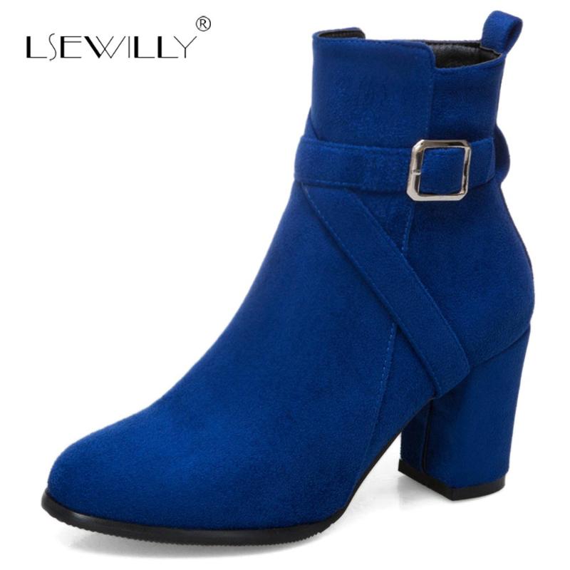 

Lsewilly 2020 black beige fashion women boots round toe flock ladies boots zipper square heel buckle ankle size 33-52 S964
