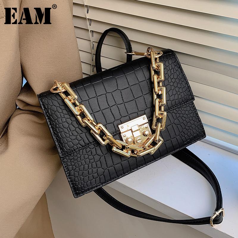 

[EAM] Women New Crocodile Pattern Chains PU Leather Flap Personality All-match Crossbody Shoulder Bag Fashion Tide 2021 18A1352, Black