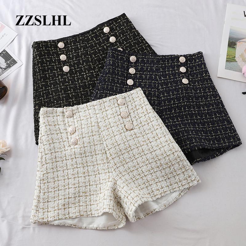 

Plaid Shorts Women Outside Female Wear 2020 Autumn Spring New Double-breast Braided High Waist Wide Legs Shorts Black White Blue