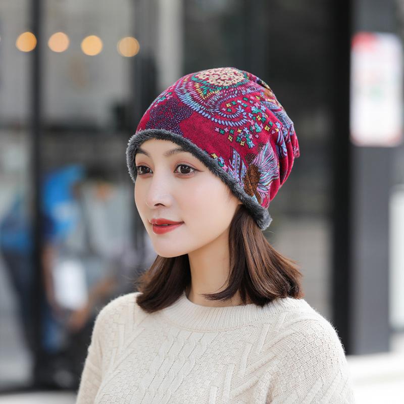 

2020 Winter Hat Women Plus Velvet Beanie Cap Print Warm Red Fashion Gorross Caps Soft Bonnet Hats for Women Beanie, Blue