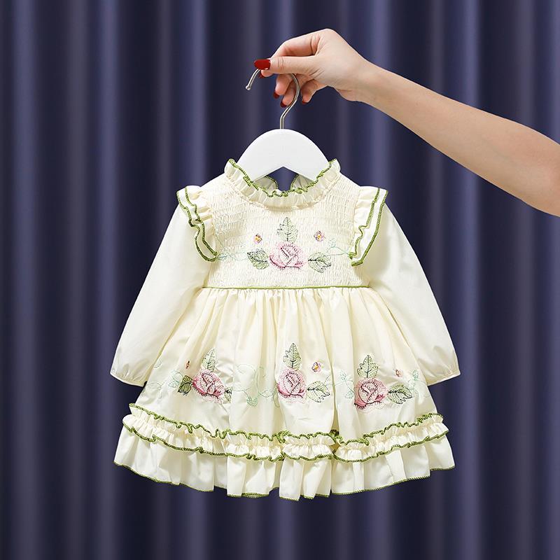 

Girl's Dresses Girls Puff Sleeve Dress Embroidery Baby Spring Pleated For Children Kids Party Vestidos, Red;yellow