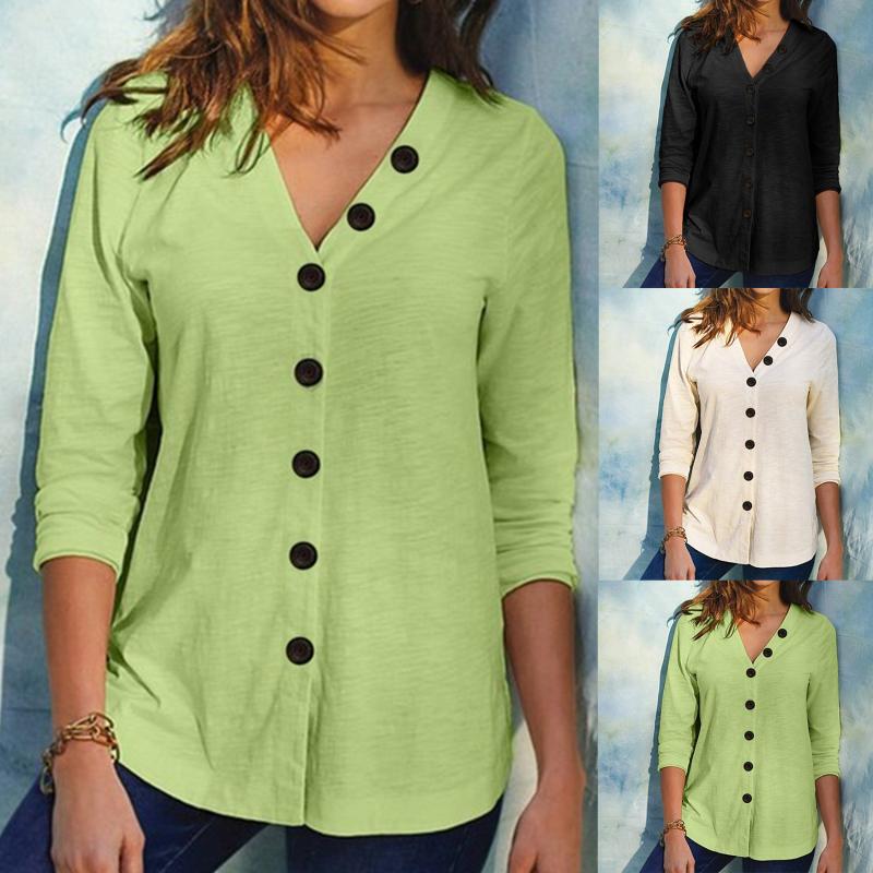 

Women' New Style Popular Solid Color Button V-neck Fashion Shirt Women Blouses Long Sleeve Blouse Shirt Casual Tops Plus Size, Black