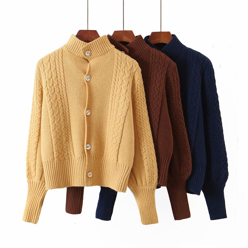 

2021 New Elegantes Soild Gola Blusas Moda Senhoras Estilo Preguioso Cardigans Causal Feminino Chique Boto De Malha Topos Re7q, Yellow